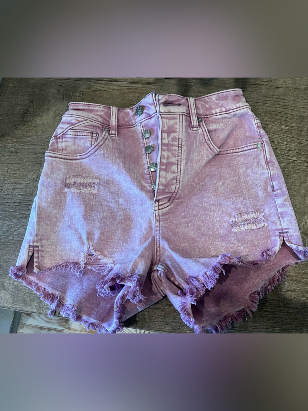 Free People Button Up Pink High-Rise Distressed Denim Shorts